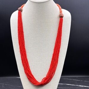 Avenue Women Red Multi Strand Seed Bead Necklace Orange Bead Wood Accent Boho